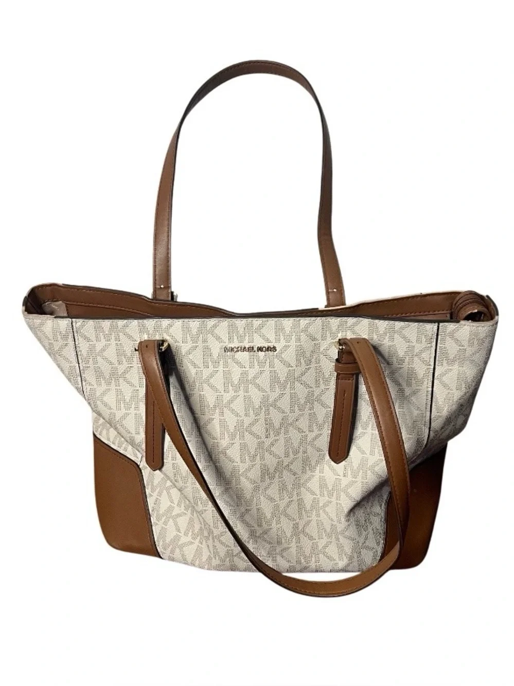 MICHAEL KORS Signature Aria Tote Vanilla AOP Gold Tone Hardware FLAWED - Picture 2 of 10